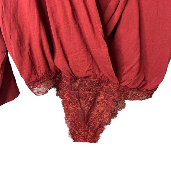 Free People Elsa Bodysuit Top Wine Size Large Surplice Neck Long Sleeve - Picture 6 of 11